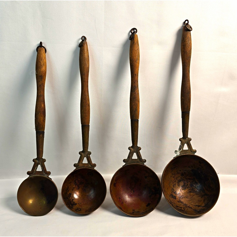 Set of 4 Vintage Wood Handle Copper Scoops with Hanging Loops
